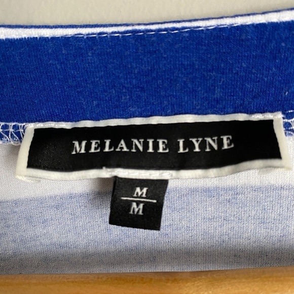 Melanie Lyne Women's Short Ruffled Sleeve Blue + White Stipe T-shirt Size Medium - Picture 2 of 10
